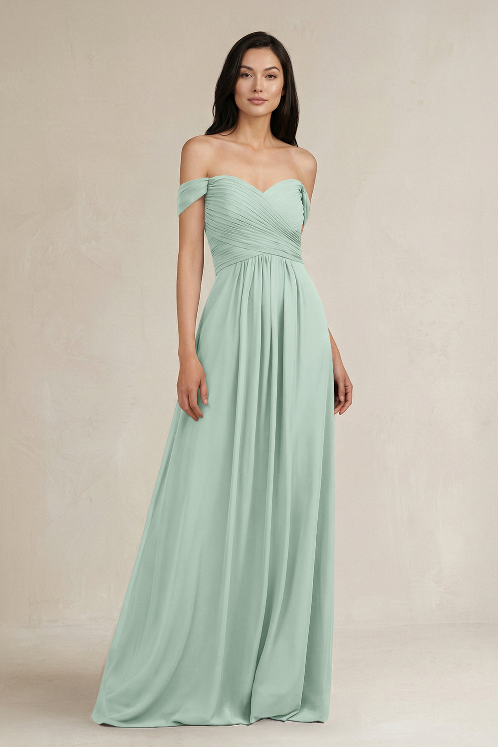 A-Line Pleated Off-the-Shoulder Chiffon Bridesmaid Dress in Sage