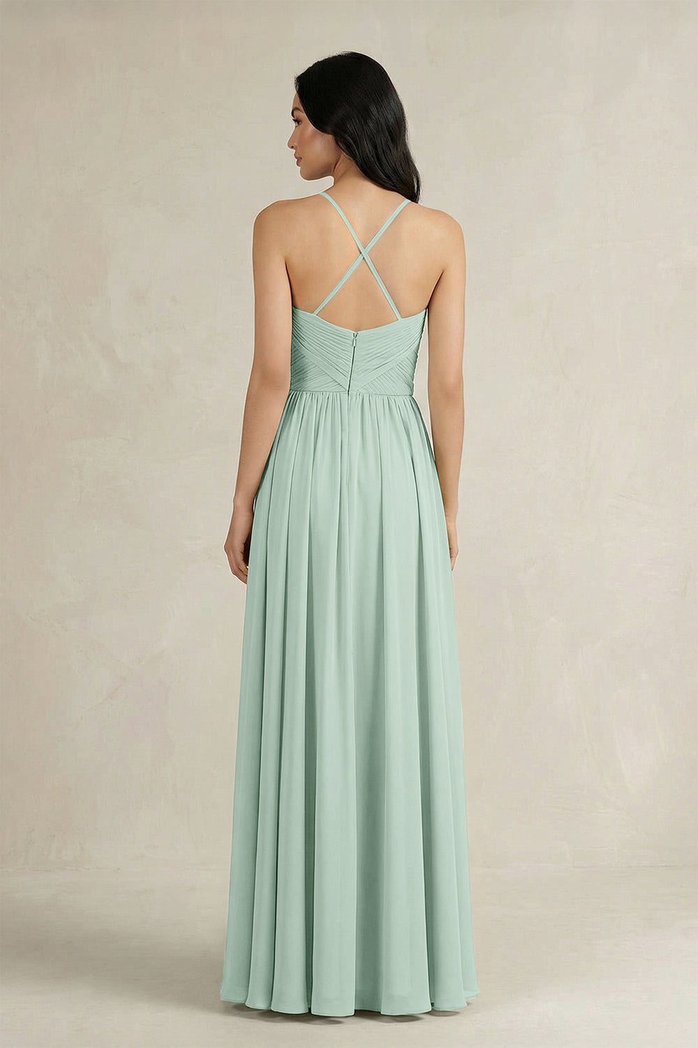 A-Line Pleated Spaghetti Strap Chiffon Bridesmaid Dress in Sage