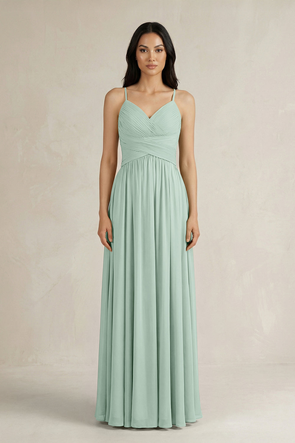 A-Line Pleated Spaghetti Strap Chiffon Bridesmaid Dress in Sage