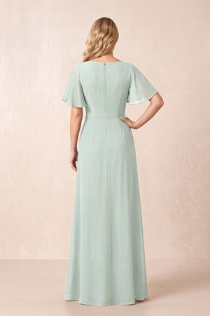 Sage A-Line Ruched Chiffon Mother of the Bride Dress with Ruffled Sleeves (2) | KISSBRIDAL