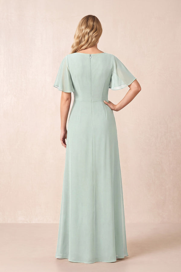 Sage A-Line Ruched Chiffon Mother of the Bride Dress with Ruffled Sleeves (2) | KISSBRIDAL