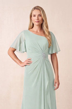 Sage A-Line Ruched Chiffon Mother of the Bride Dress with Ruffled Sleeves (3) | KISSBRIDAL