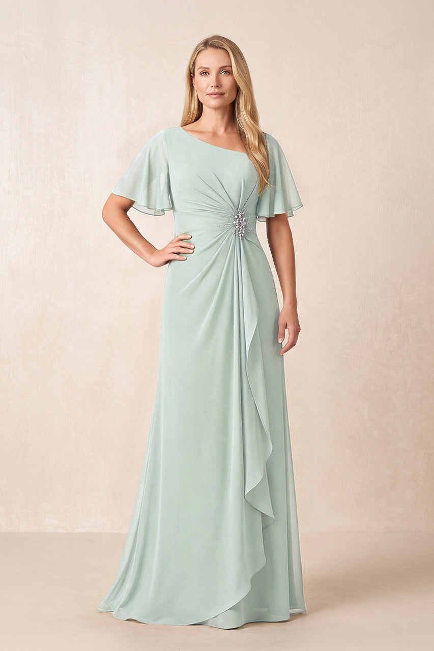 Sage A-Line Ruched Chiffon Mother of the Bride Dress with Ruffled Sleeves