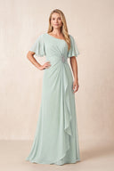 Sage A-Line Ruched Chiffon Mother of the Bride Dress with Ruffled Sleeves | KISSBRIDAL