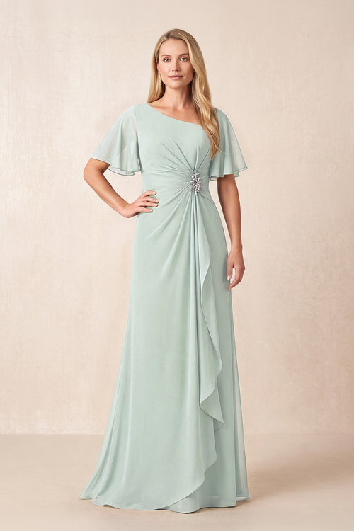 Sage A-Line Ruched Chiffon Mother of the Bride Dress with Ruffled Sleeves | KISSBRIDAL