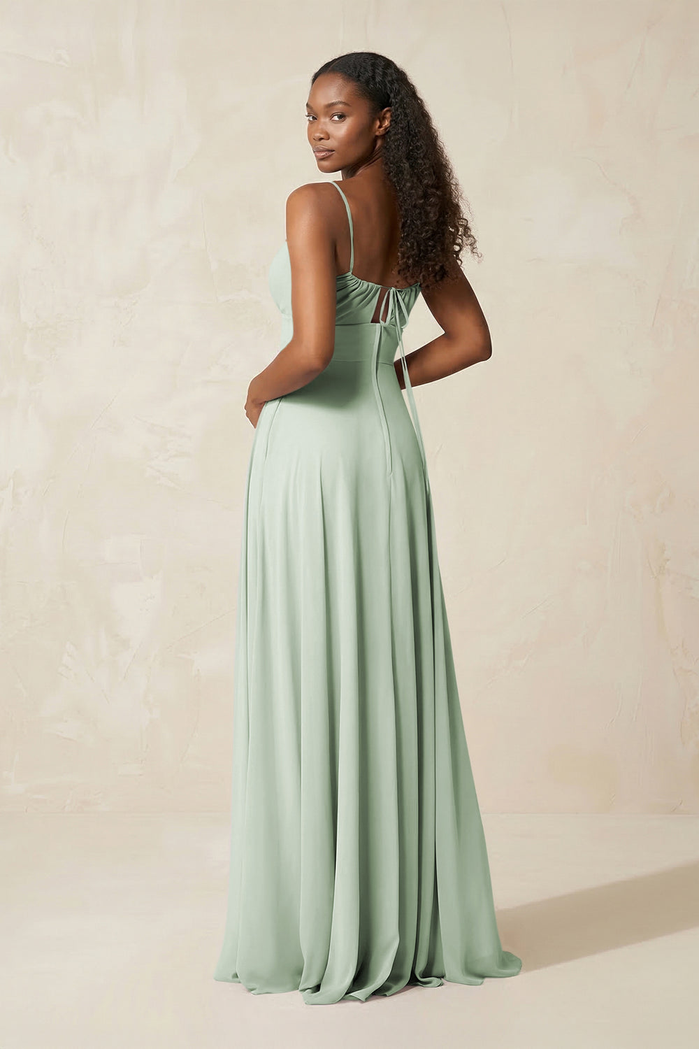 A-Line Ruched Chiffon Spaghetti Strap Bridesmaid Dress in Sage