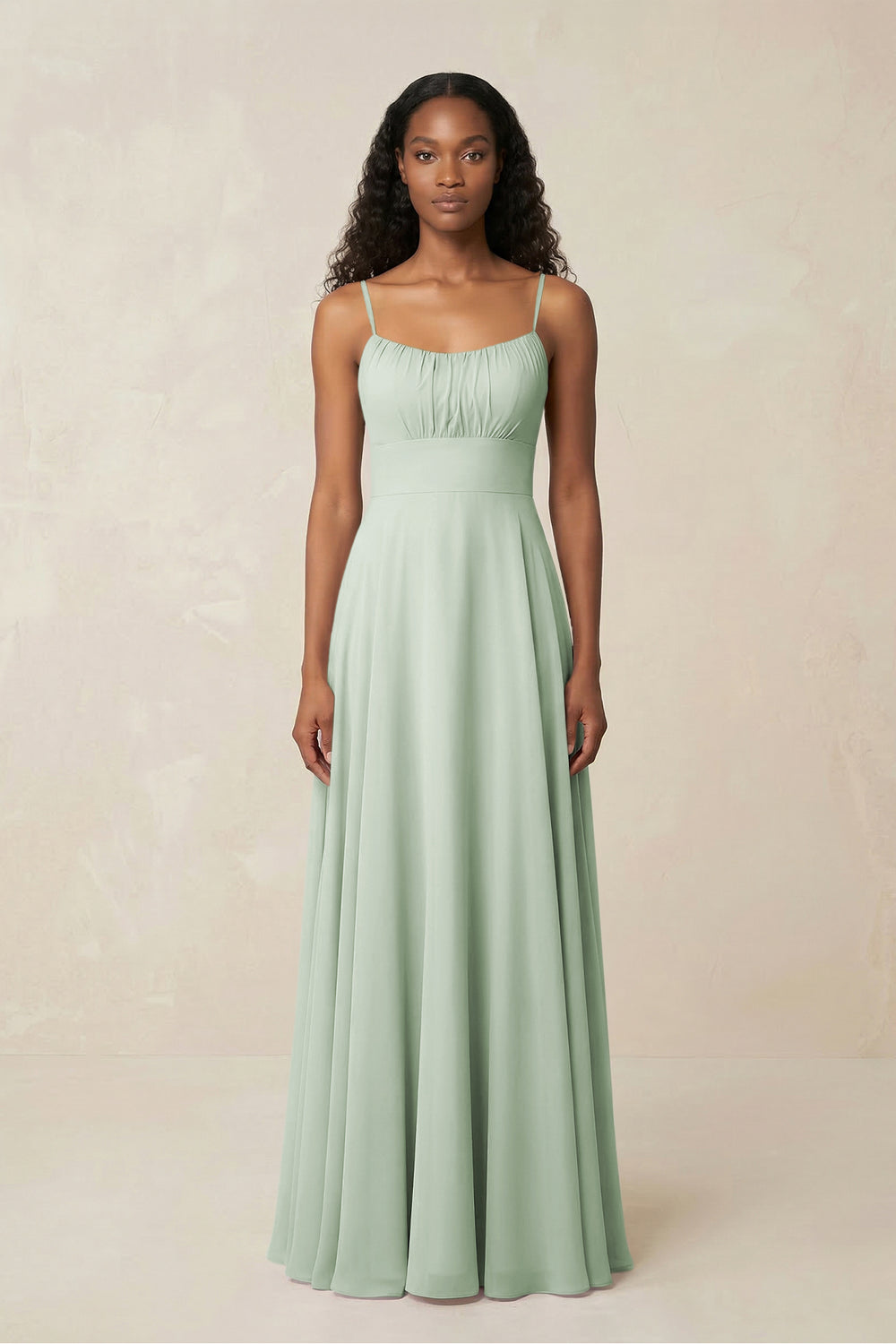 A-Line Ruched Chiffon Spaghetti Strap Bridesmaid Dress in Sage