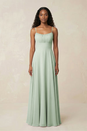 Sage A-Line Ruched Chiffon Spaghetti Strap Bridesmaid Dress | KISSBRIDAL