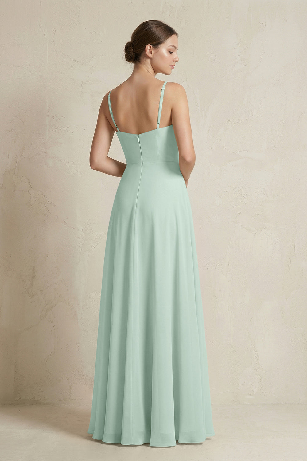 A-Line Ruffled Spaghetti Strap Chiffon Bridesmaid Dress in Sage