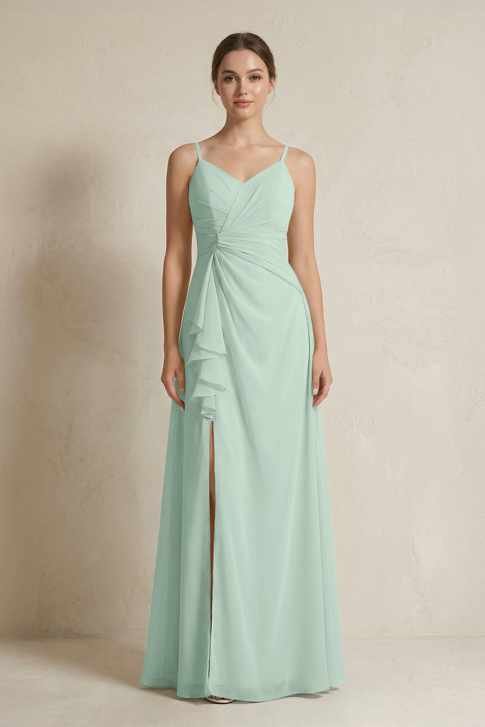 A-Line Ruffled Spaghetti Strap Chiffon Bridesmaid Dress in Sage