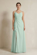 Sage A-Line Ruffled Spaghetti Strap Chiffon Bridesmaid Dress | KISSBRIDAL