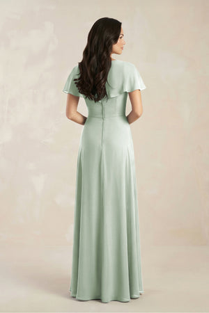 Sage A-Line Short Sleeve Chiffon V-Neck Bridesmaid Dress (2) | KISSBRIDAL