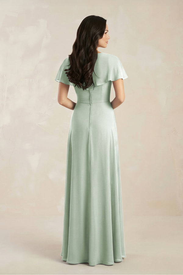 Sage A-Line Short Sleeve Chiffon V-Neck Bridesmaid Dress (2) | KISSBRIDAL