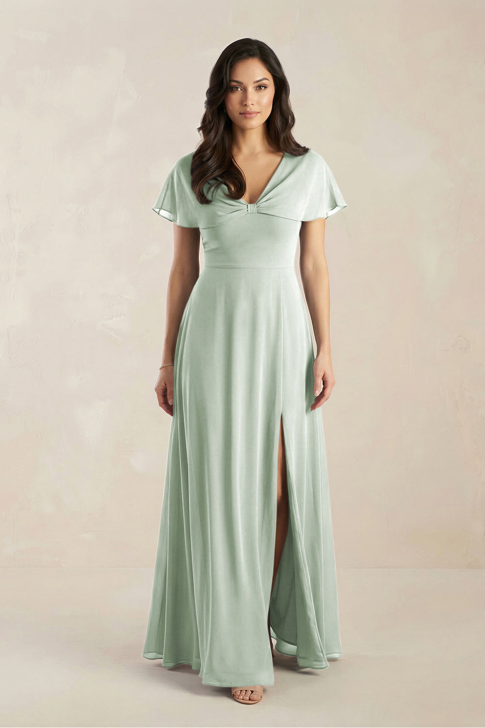 A-Line Short Sleeve Chiffon V-Neck Bridesmaid Dress in Sage
