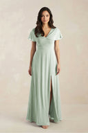 Sage A-Line Short Sleeve Chiffon V-Neck Bridesmaid Dress | KISSBRIDAL