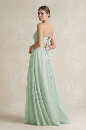 Sage A-Line Spaghetti Strap Chiffon Bridesmaid Dress (2) | KISSBRIDAL