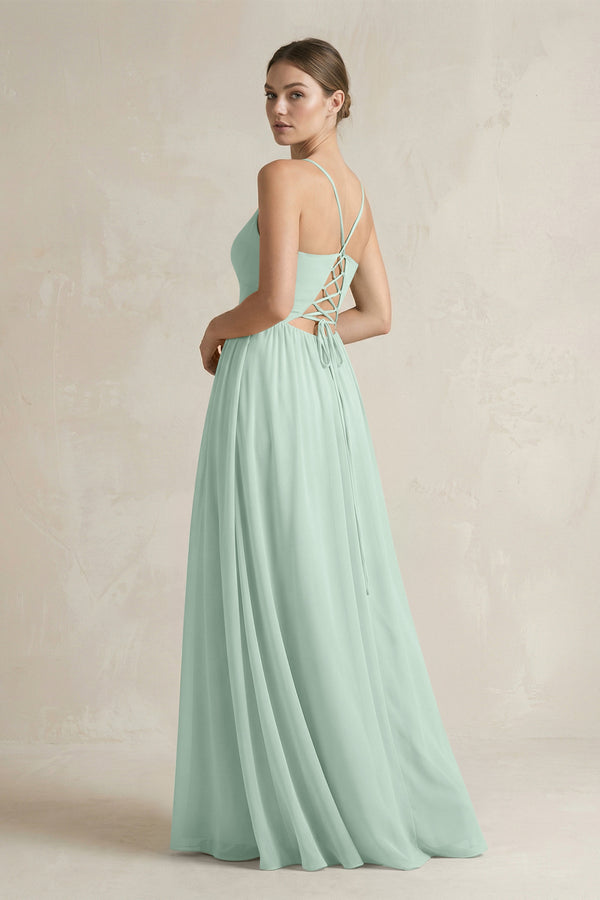 Sage A-Line Spaghetti Strap Chiffon Bridesmaid Dress (2) | KISSBRIDAL