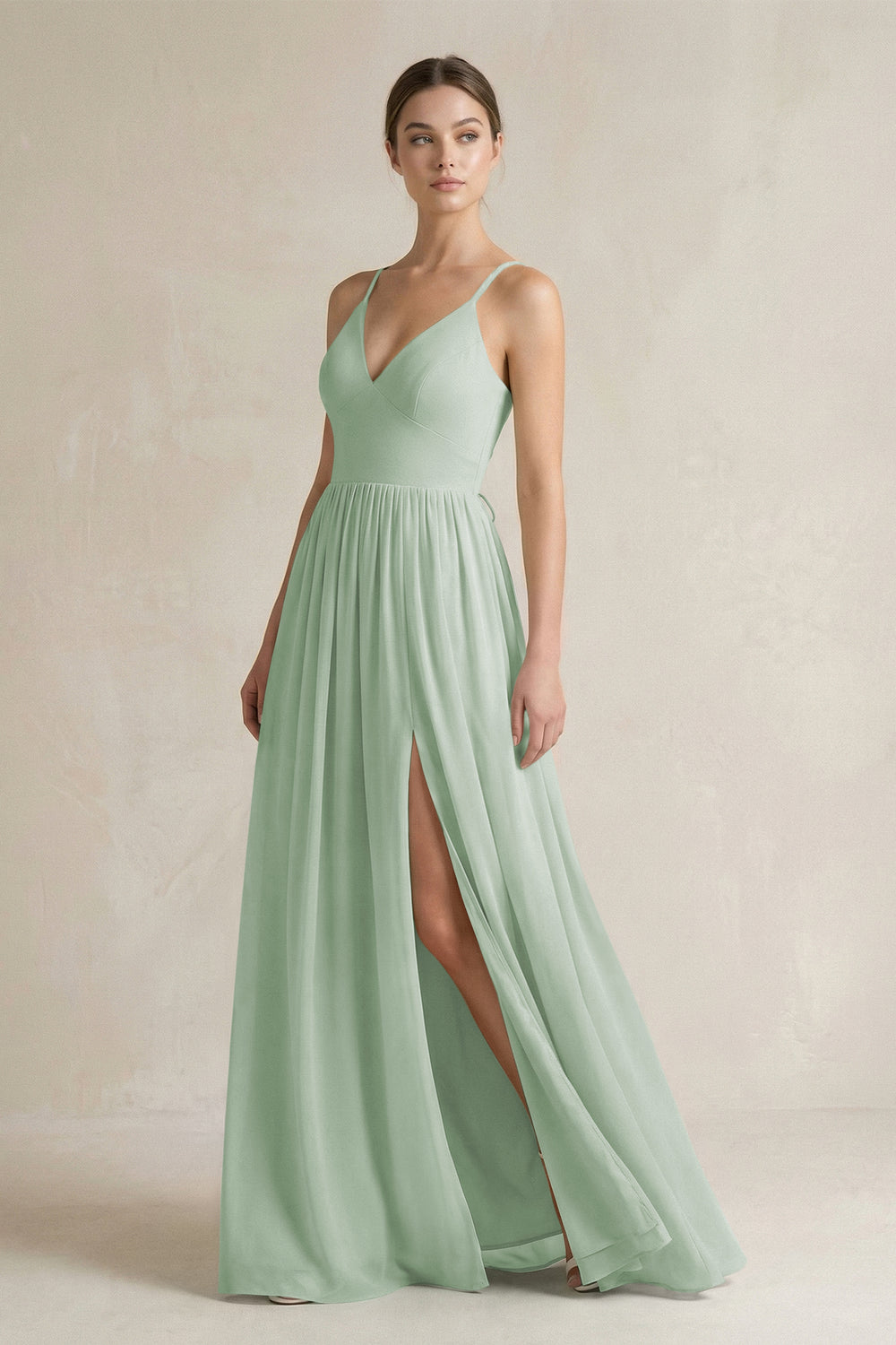 A-Line Spaghetti Strap Chiffon Bridesmaid Dress in Sage