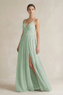 Sage A-Line Spaghetti Strap Chiffon Bridesmaid Dress | KISSBRIDAL