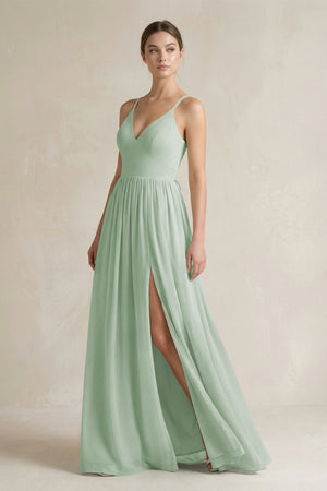 Sage A-Line Spaghetti Strap Chiffon Bridesmaid Dress | KISSBRIDAL