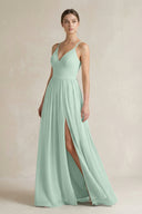 Sage A-Line Spaghetti Strap Chiffon Bridesmaid Dress | KISSBRIDAL