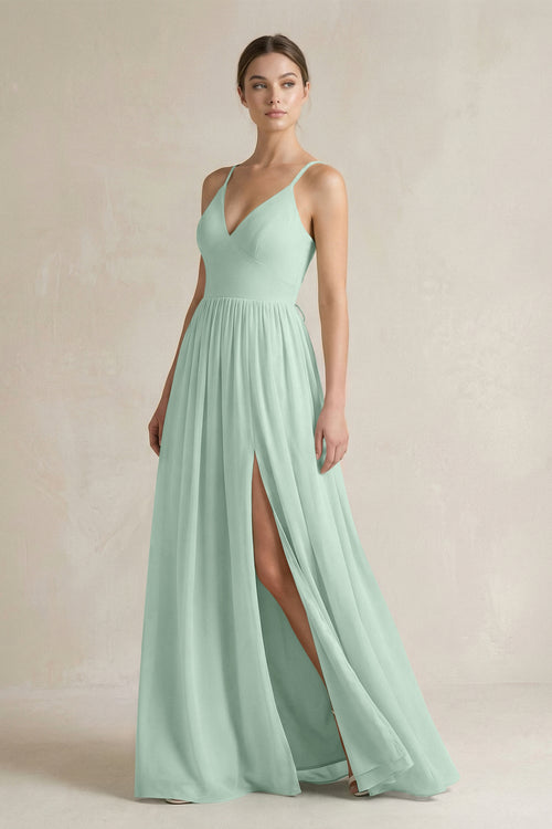Sage A-Line Spaghetti Strap Chiffon Bridesmaid Dress | KISSBRIDAL