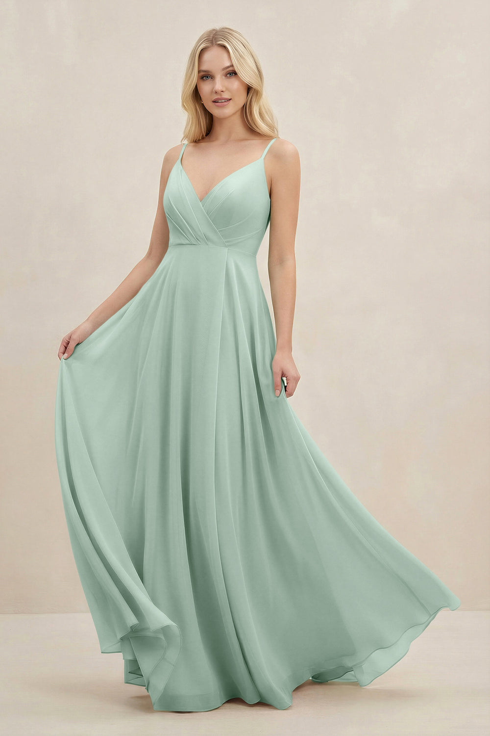 A-Line Spaghetti Strap Chiffon Bridesmaid Dress in Sage