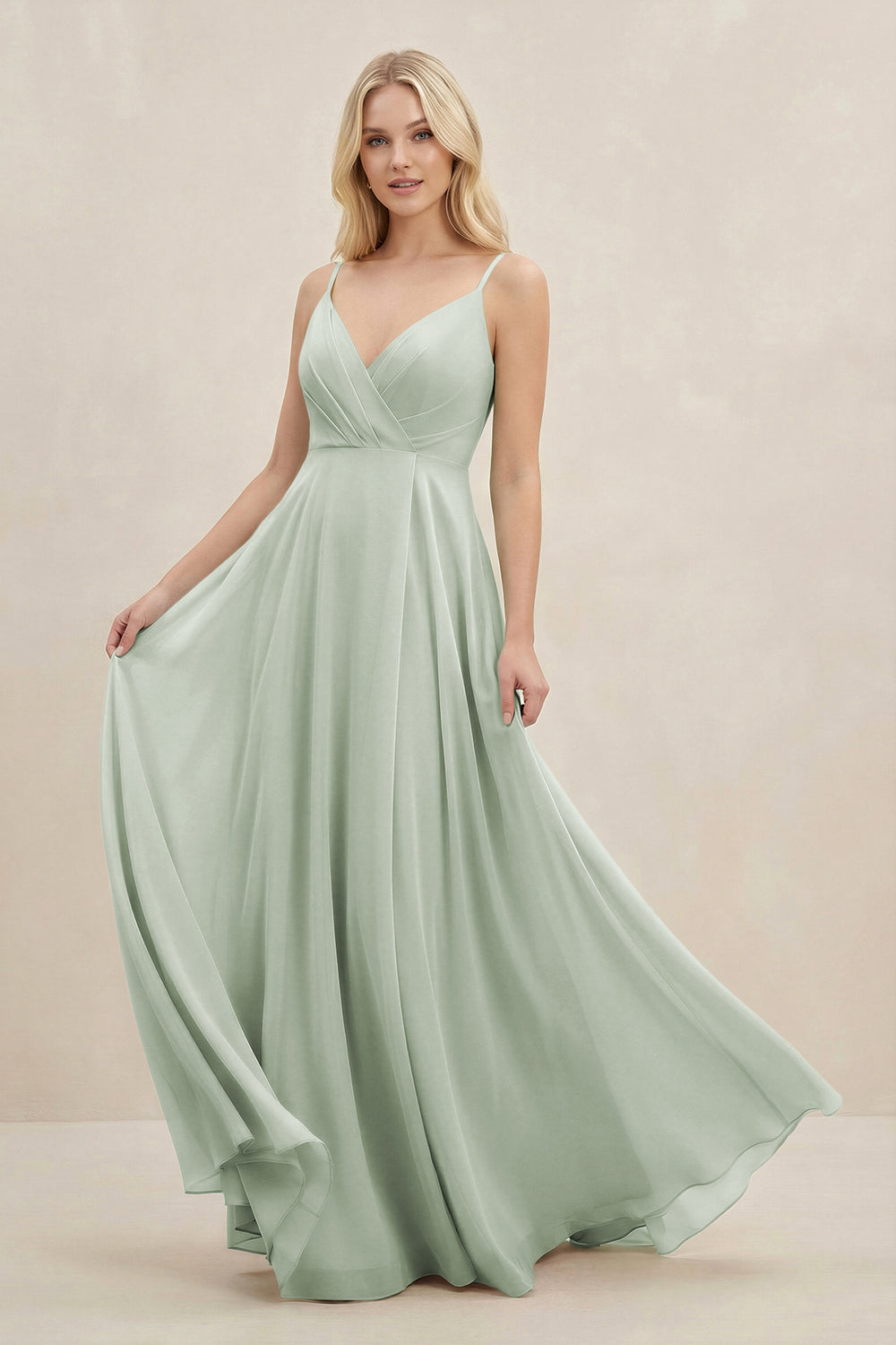 A-Line Spaghetti Strap Chiffon Bridesmaid Dress in Sage