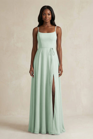 Sage A-Line Spaghetti Straps Chiffon Bridesmaid Dress | KISSBRIDAL