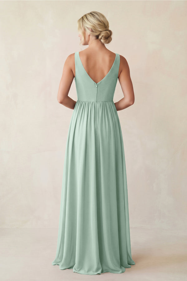 Sage A-Line V-Neck Pleated Chiffon Bridesmaid Dress (2) | KISSBRIDAL