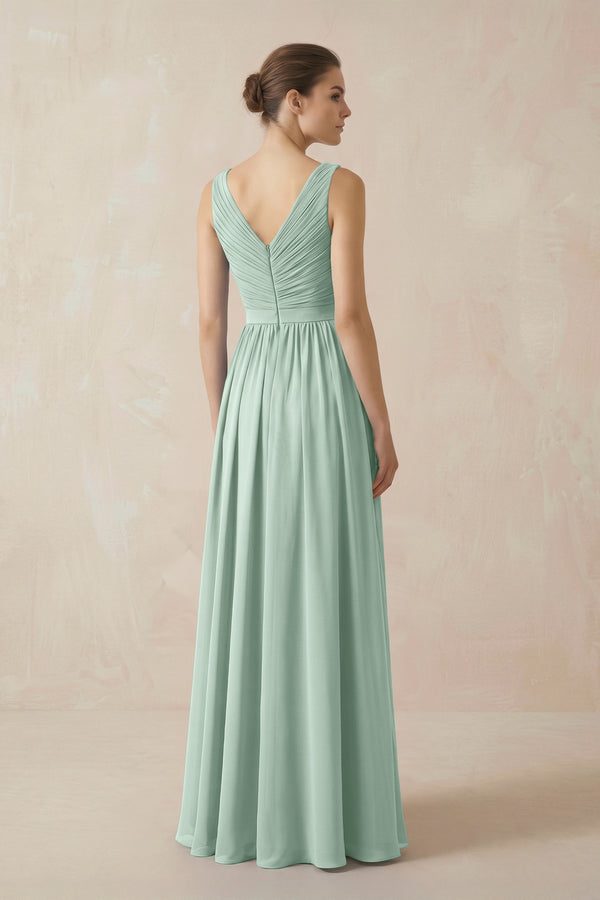 Sage A-Line V-Neck Pleated Chiffon Bridesmaid Dress (2) | KISSBRIDAL