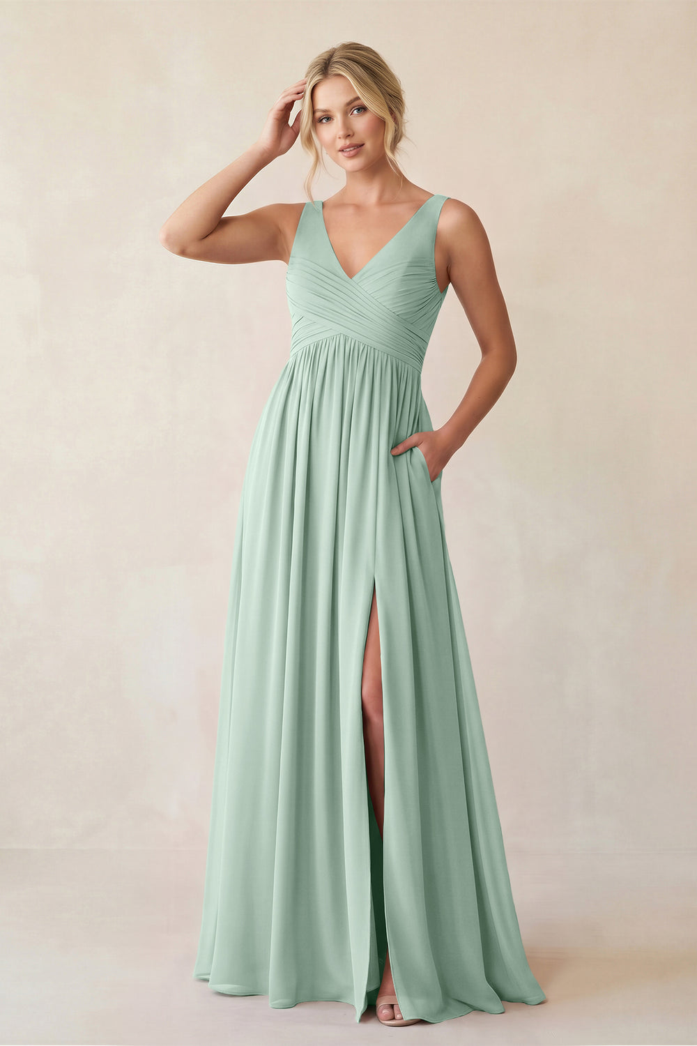 A-Line V-Neck Pleated Chiffon Bridesmaid Dress in Sage