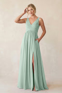 Sage A-Line V-Neck Pleated Chiffon Bridesmaid Dress | KISSBRIDAL