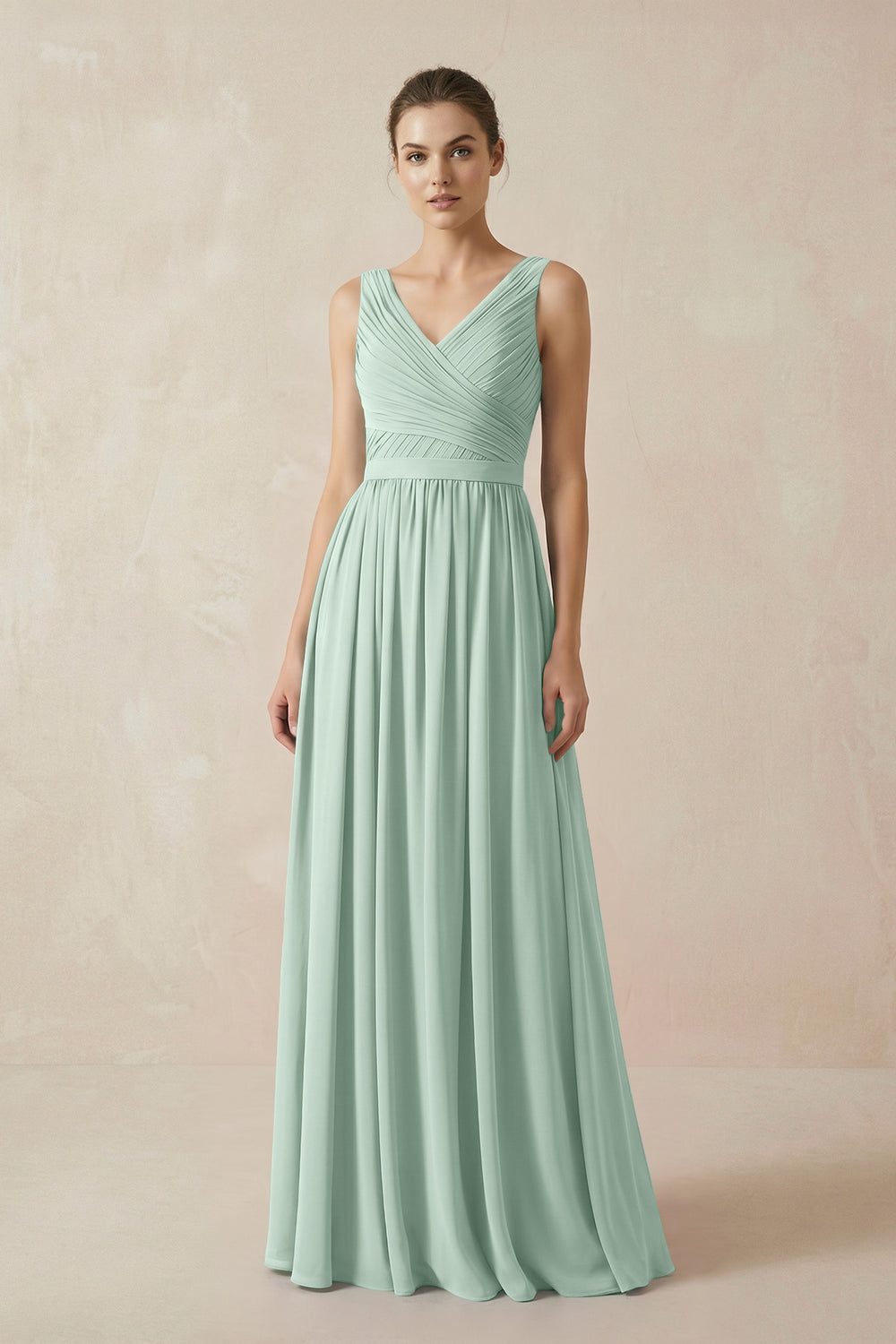 A-Line V-Neck Pleated Chiffon Bridesmaid Dress in Sage
