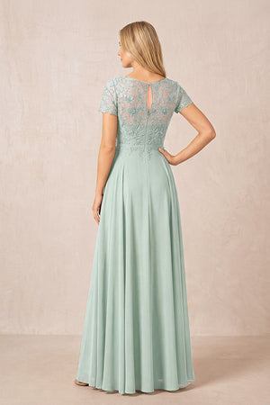 Sage Boat Neck Chiffon A-Line Embroidered Mother of the Bride Dress with Sleeves (2) | KISSBRIDAL