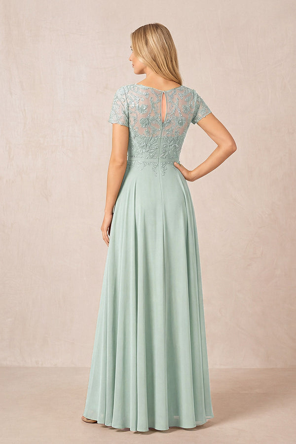 Sage Boat Neck Chiffon A-Line Embroidered Mother of the Bride Dress with Sleeves (2) | KISSBRIDAL