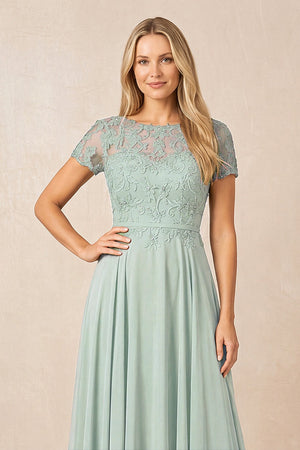 Sage Boat Neck Chiffon A-Line Embroidered Mother of the Bride Dress with Sleeves (3) | KISSBRIDAL