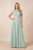 Sage Boat Neck Chiffon A-Line Embroidered Mother of the Bride Dress with Sleeves | KISSBRIDAL