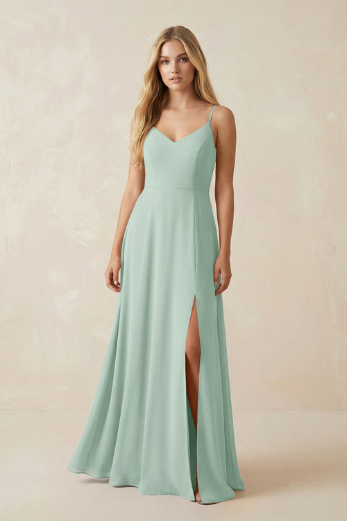 Sage Cami Strap A-Line Chiffon Bridesmaid Dress with Slit | KISSBRIDAL