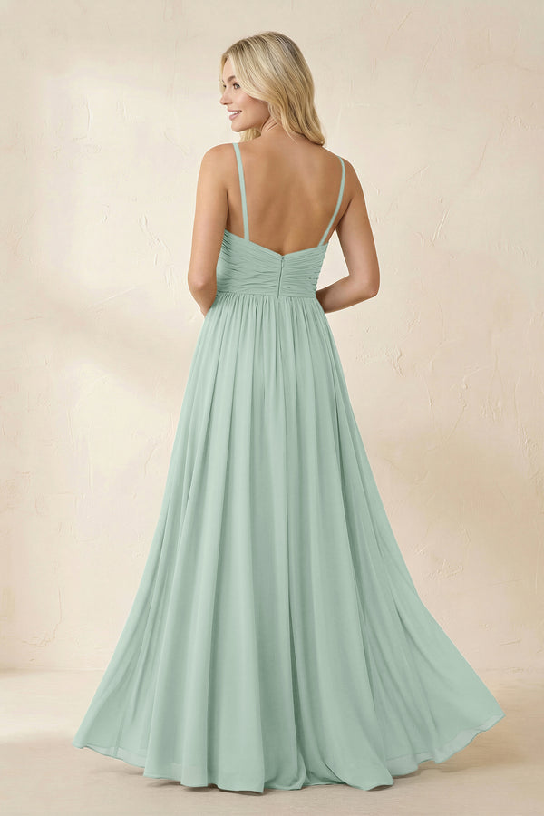 Sage Cami Strap Chiffon A-Line Bridesmaid Dress with Slit (2) | KISSBRIDAL