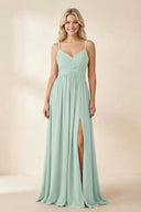 Sage Cami Strap Chiffon A-Line Bridesmaid Dress with Slit | KISSBRIDAL