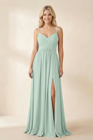 Sage Cami Strap Chiffon A-Line Bridesmaid Dress with Slit | KISSBRIDAL