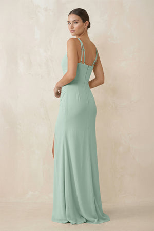 Sage Cami Strap Chiffon Sheath Bridesmaid Gown (2) | KISSBRIDAL