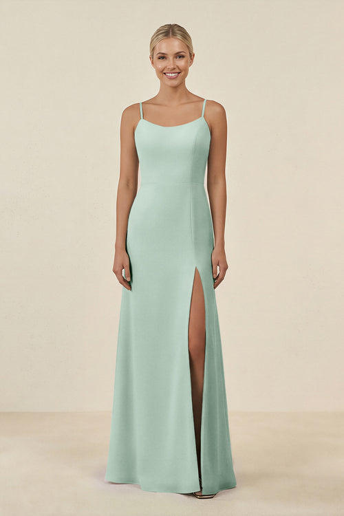 Sage Cami Strap Chiffon Sheath Bridesmaid Gown | KISSBRIDAL