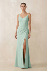 Sage Cami Strap Chiffon Sheath Bridesmaid Gown | KISSBRIDAL