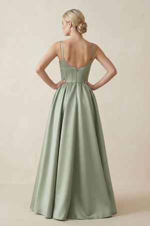 Sage Cami Strap Corset A-Line Satin Bridesmaid Dress (2) | KISSBRIDAL