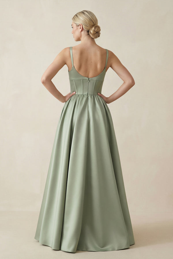 Sage Cami Strap Corset A-Line Satin Bridesmaid Dress (2) | KISSBRIDAL