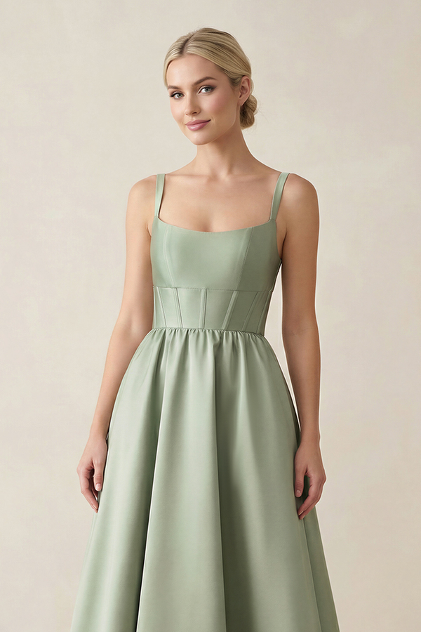Sage Cami Strap Corset A-Line Satin Bridesmaid Dress (3) | KISSBRIDAL