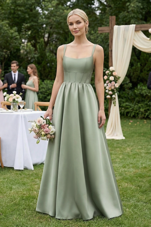 Sage Cami Strap Corset A-Line Satin Bridesmaid Dress (4) | KISSBRIDAL