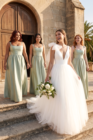 Sage Cami Strap Corset A-Line Satin Bridesmaid Dress (5) | KISSBRIDAL